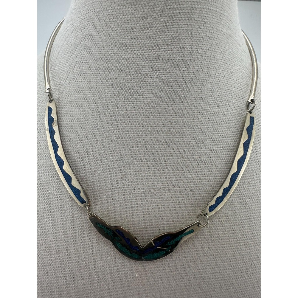 VTG 60s Mexican Alpaca Silver Crushed Stone Lapis Green Malachite Inlay necklace